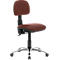 Office chair with brown seat and backrest. Black frame and silver base with castors.
