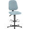 Light blue office chair with backrest, seat and footrest, in front of white background.
