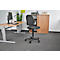 Office chair in an office, in front of a desk, cabinet and gray carpeted floor. Black chair with wheels, adjustable height, and padded seat and backrest.