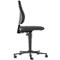 Black office chair in profile. The backrest is curved, the seat padded. With castors and height adjustable.