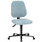 Light blue office chair with black frame and wheels. Backrest and seat padded.