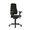 Black office chair against white backdrop. High backrest, armrests, wheels.