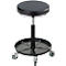 Black workshop stool with rolling base. Round seat, height adjustable. Black storage surface for tools.
