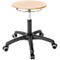 Stool with round seat, wood look. Black frame with castors. Height adjustable.