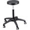 Black work chair with casters. The round seat is padded, below is a height-adjustable column. The base has five arms with white casters.