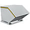 Gray tipping container with angled top. Yellow and black warning stripes on the edge.