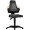 Black office chair with orange armrests, front view.