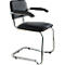 Black cantilever chair with armrests. Chrome frame, seat and backrest made of leather.