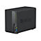 Schwarzer Synology NAS-Server. Auf der Vorderseite: Status-LEDs, USB-Anschluss und Power-Button. Auf der Seite das Synology-Logo.