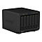 Schwarzes NAS-System von Synology mit fünf Festplatteneinschüben und LED-Anzeigen.