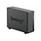 Un appareil NAS Synology noir. Le lettrage Synology est visible à l'avant. Des voyants lumineux se trouvent sur le côté droit.