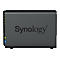 Appareil NAS gris foncé avec des LED vertes et le logo Synology.