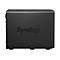 Appareil NAS Synology noir. L'inscription Synology est représentée sur le devant.
