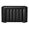Appareil NAS noir avec cinq baies, LED vertes et logo Synology.