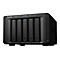 Appareil NAS noir avec 5 baies. En haut : lumières, inscription "Synology". En bas : "DX517".