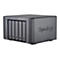 Boîte NAS Synology gris foncé avec 6 baies de disque dur, logo à gauche, nom à droite.