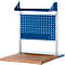 Workbench with blue pegboard, wooden top and metal frame.