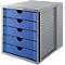 Grey filing cabinet with five blue drawers, on a white background.