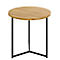 Table d'appoint ronde, plateau en bois sur cadre en métal noir.