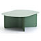 Table basse minimaliste vert sauge avec un plateau arrondi et une base en croix sur fond blanc.