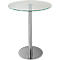 Table ronde en verre avec pied argenté.
