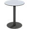 Table haute ronde avec plateau gris clair et pied central noir sur fond blanc.