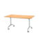 Table rectangulaire brun clair avec roulettes. Les pieds de la table sont argentés.