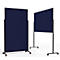Deux cloisons mobiles bleu foncé sur supports à roulettes avec cadre noir sur fond blanc.