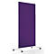 Cloison mobile avec panneau violet dans un cadre blanc sur roulettes sur fond blanc.
