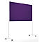 Panneau d'affichage mobile avec surface en tissu violet foncé sur un support métallique blanc à roulettes.