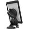 A black tablet holder with a suction cup. The tablet is held in a black case, which is attached to a rotating joint.