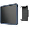 Blue tablet in protective case and wall mount. Gray screen, dark holder with silver plate.