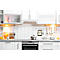 A modern white kitchen with stainless steel appliances and accessories.