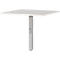 Une table blanche carrée avec une colonne argentée réglable en hauteur. Boutons de commande.