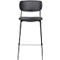 Tabouret de bar noir avec dossier, pieds en métal et repose-pieds, isolé sur fond blanc.