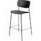 Tabouret de bar noir avec dossier et quatre pieds fins.