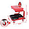 Tabouret d'atelier rouge avec rangement noir et roulettes. Charge maximale 90 kg. Dimensions : 360 x 360 x 365 mm.
