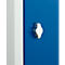 Close-up of a silver door knob on a blue cabinet door. The knob is slightly raised and rounded.