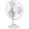 Witte tafelventilator, met drie bladen achter een beschermend rooster. De voet heeft knoppen.