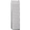 Gray cabinet with slatted doors, rounded top edge, vertical orientation.