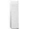 Tall white cabinet with slatted doors. Rounded top.
