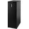 Black filing cabinet against neutral background. With lock and handle. Tall, narrow shape.