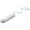 Un tampon en coton blanc avec une ficelle de retrait bleu clair sur fond blanc.
