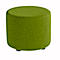 Round, green stool with fabric cover. Three dark feet are visible under the stool.