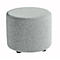 A round, gray fabric stool with three small black feet.