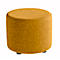 Round, ochre-colored stool with fabric cover, standing on three black feet.