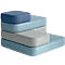 Stacked seat cushions in blue and gray tones. The cushions are square and rectangular, forming an abstract shape.