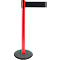 Red stanchion with black belt, cordoning off an area. Black base. White background.