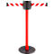 Red barrier post with black and white striped strap. Black base and top.