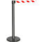 Black stanchion with red and white striped barrier tape. On a white background.